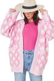 Pink Rhombus Pattern Open Front Pocketed Knit Cardigan