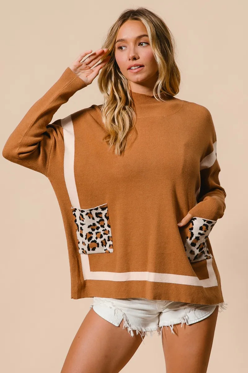 BiBi Mock Neck Sweater with Leopard Pocket Sweaters