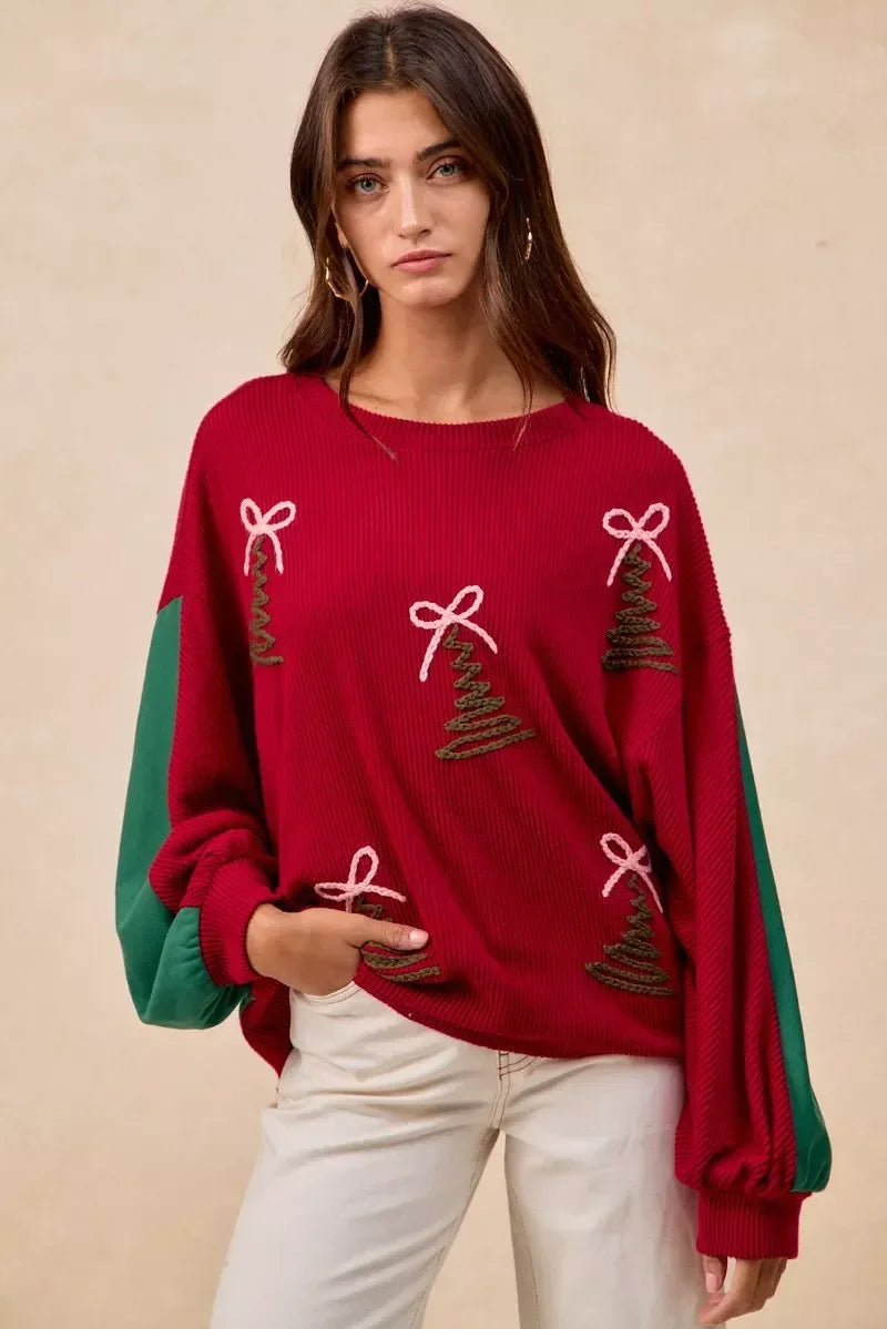 BiBi Christmas Theme Tree Embroidered Sweater - DAVERRI FASHIONS