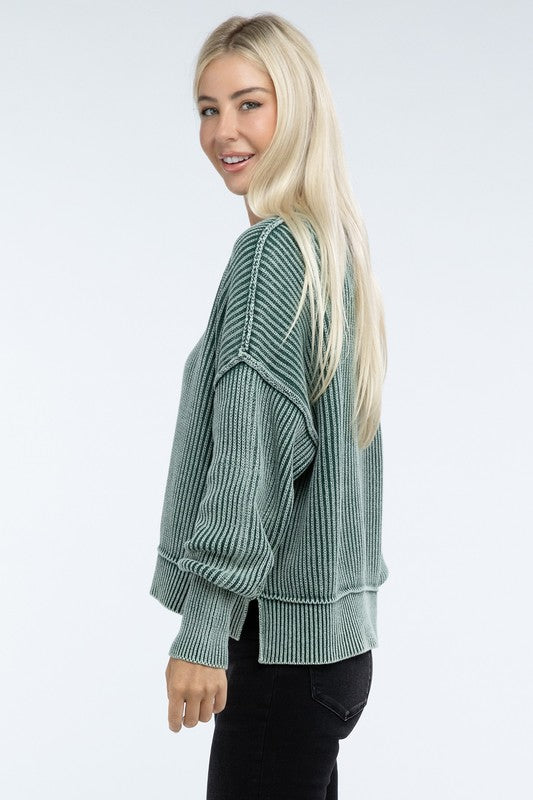 Washed Side Slit Oversized Cropped Cotton Sweater Tops