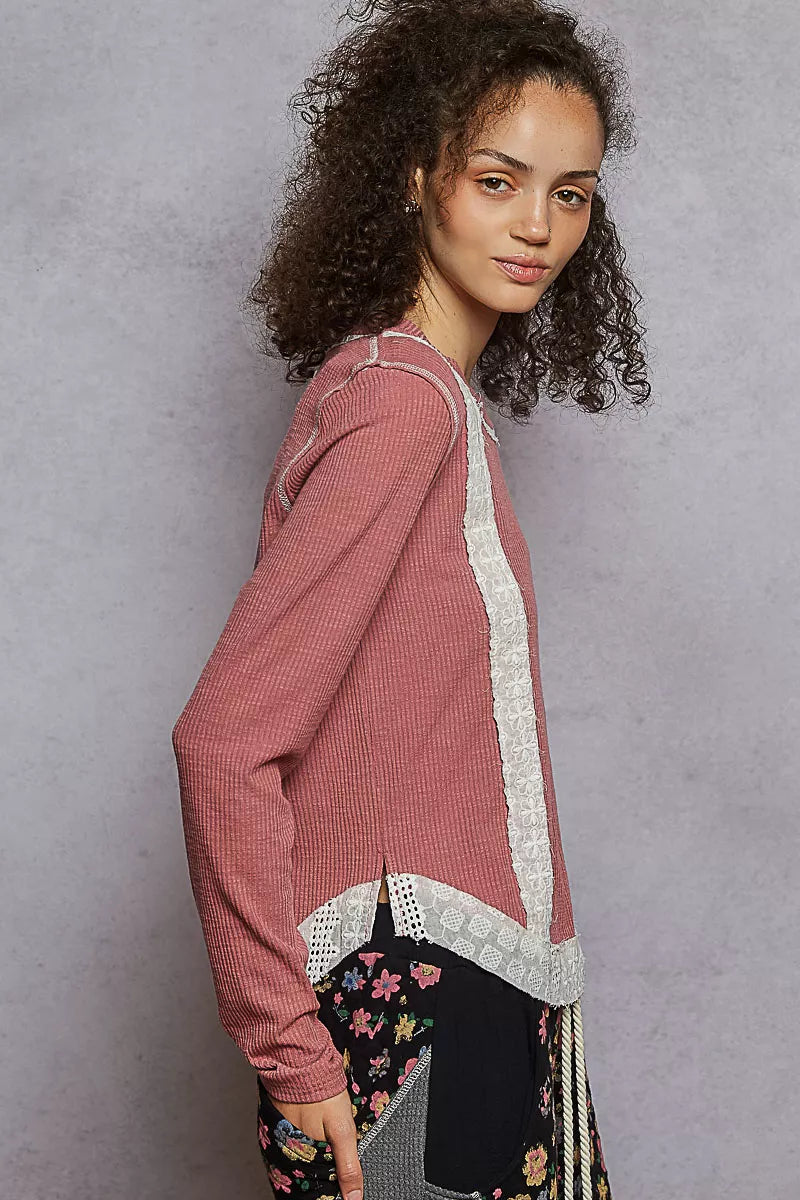POL Contrast Round Neck Long Sleeve Ribbed Top with Eyelet Patch | Knit Tops Daverri Fashions