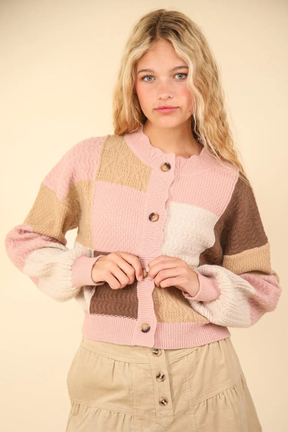 VERY J Color Block Button Down Textured Sweater Cardigan Cardigans