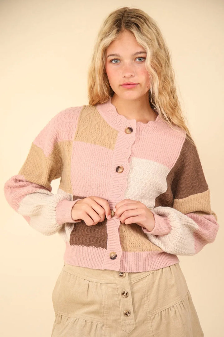 VERY J Color Block Button Down Textured Sweater Cardigan Cardigans