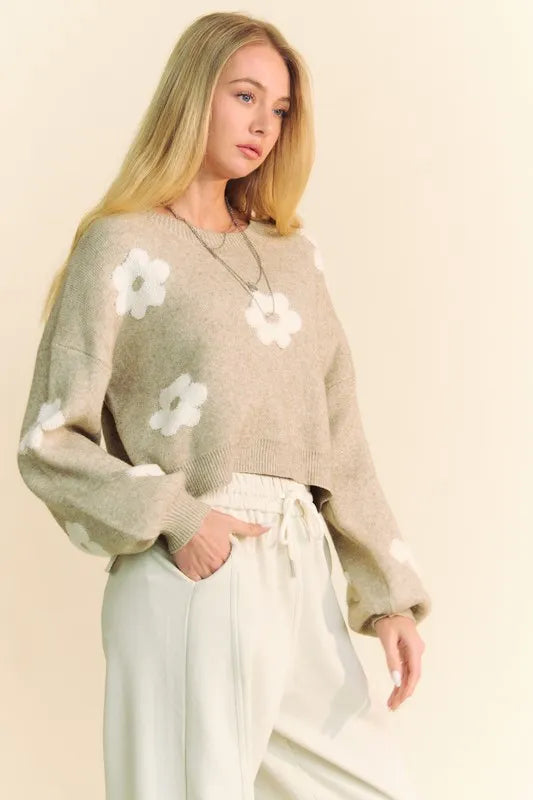 Beige knit Davi & Dani floral drop shoulder cropped sweater