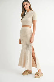 MABLE Pointelle Short Sleeve Crop Top and Slit Skirt Sweater Set | Outfit Sets Daverri Fashions