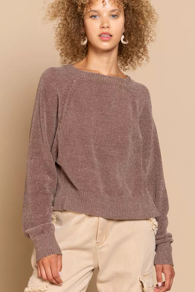 Chocolate POL Round Neck Backless Sweater with Ribbed Edge | Sweaters Daverri Fashions