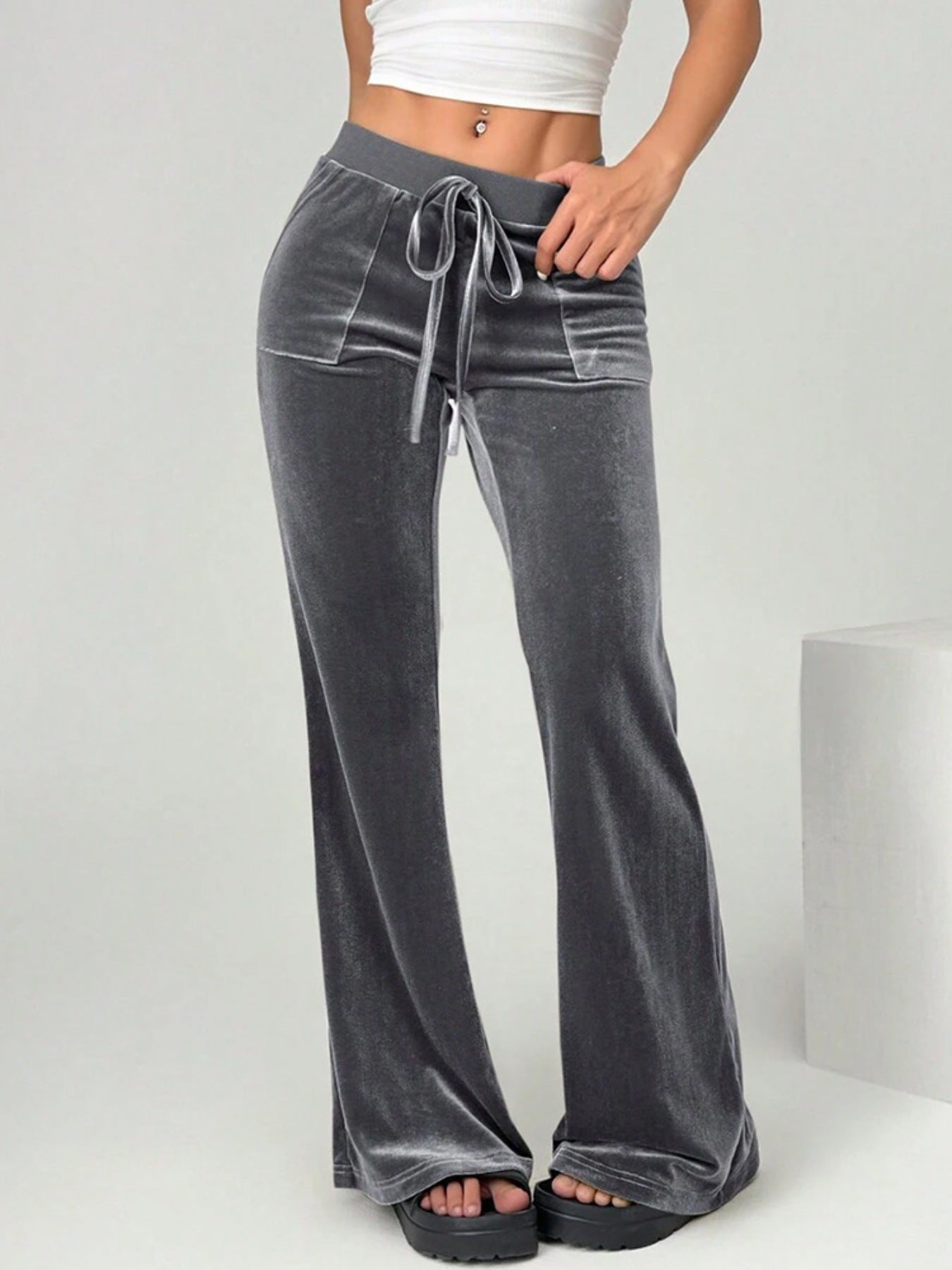 Daverri gray velvet flare pants with drawstring waist and front pockets