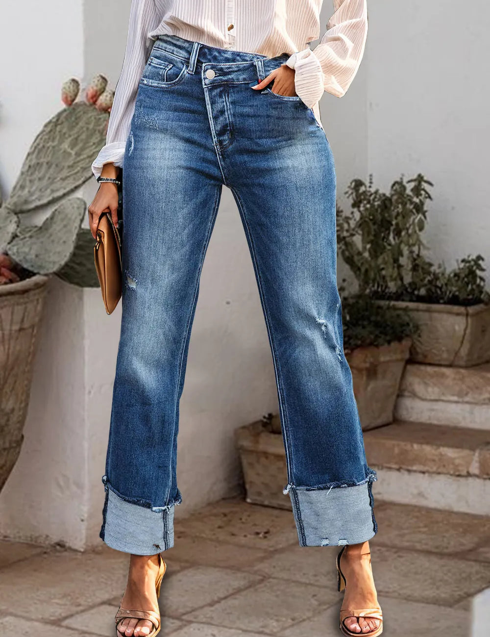 Medium Stepped Waist Raw Hem Rolled Straight Jeans | Jeans Daverri Fashions