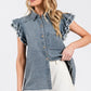 Mittoshop Washed Denim Ruffle Short Sleeve Collared Shirt - DAVERRI FASHIONS