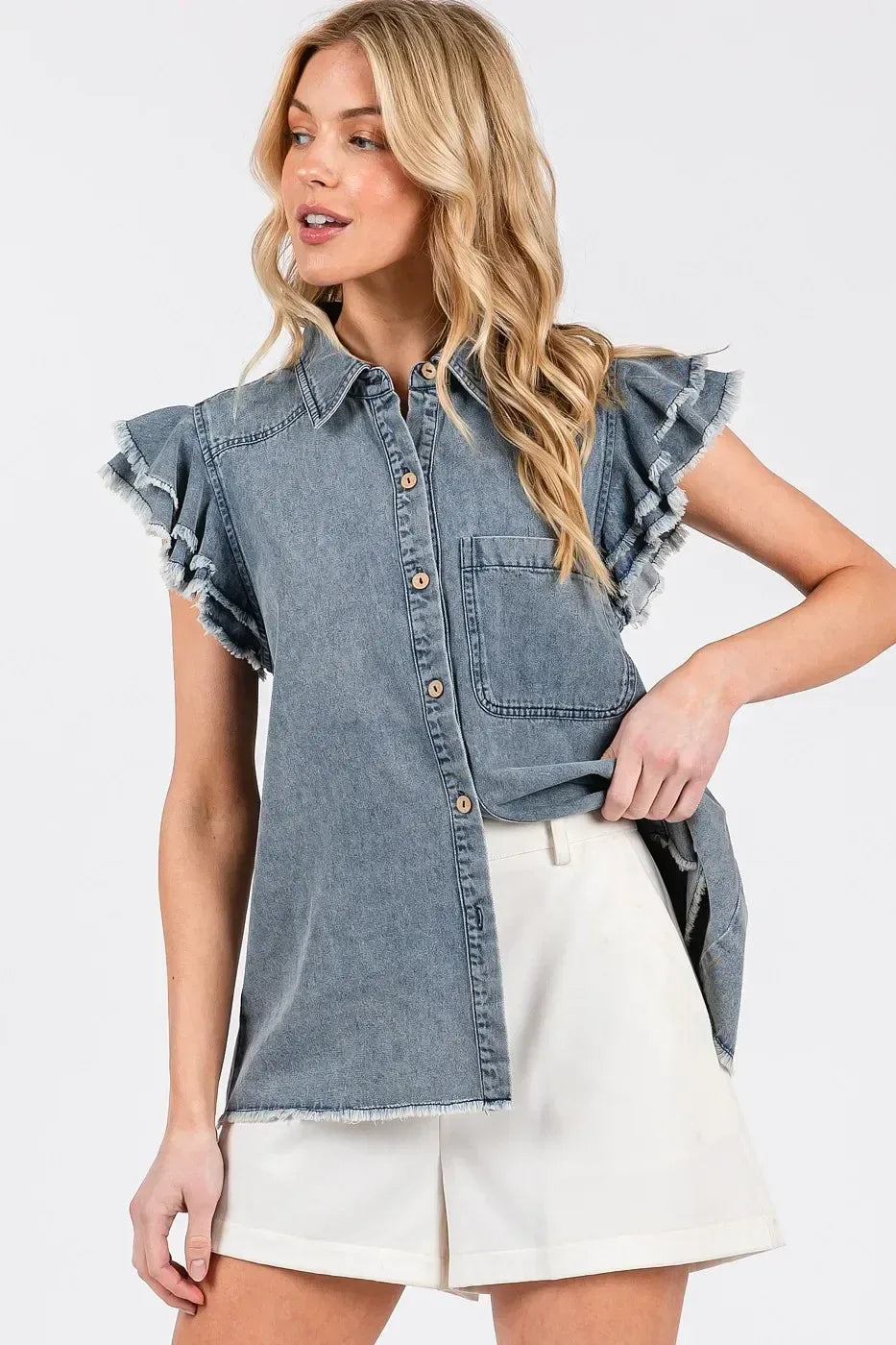 Mittoshop Washed Denim Ruffle Short Sleeve Collared Shirt - DAVERRI FASHIONS