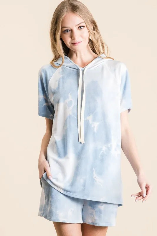 BiBi Tie Dye French Terry Hoodie Top and Bottom Set Short Sets