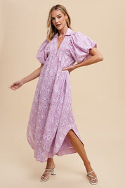 Annie Wear Floral Smock Detail Puff Sleeve Dress Pink Purple Maxi Dresses