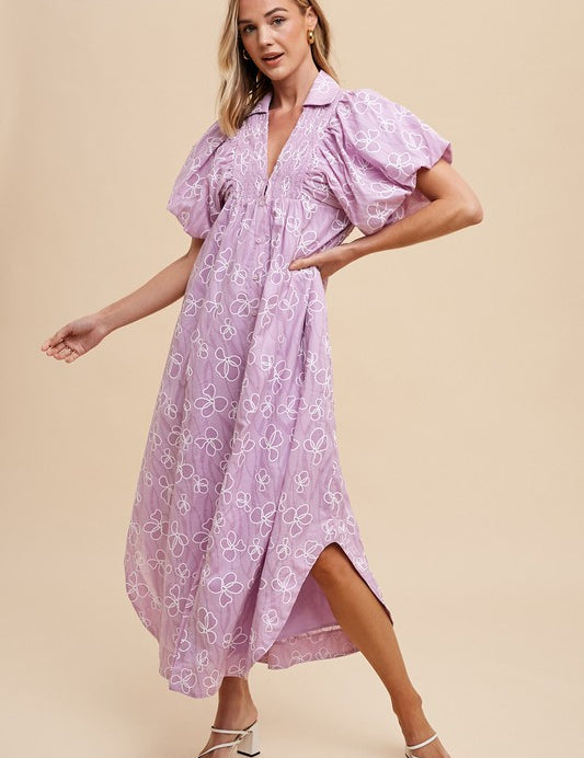 Annie Wear Floral Smock Detail Puff Sleeve Dress Pink Purple Maxi Dresses