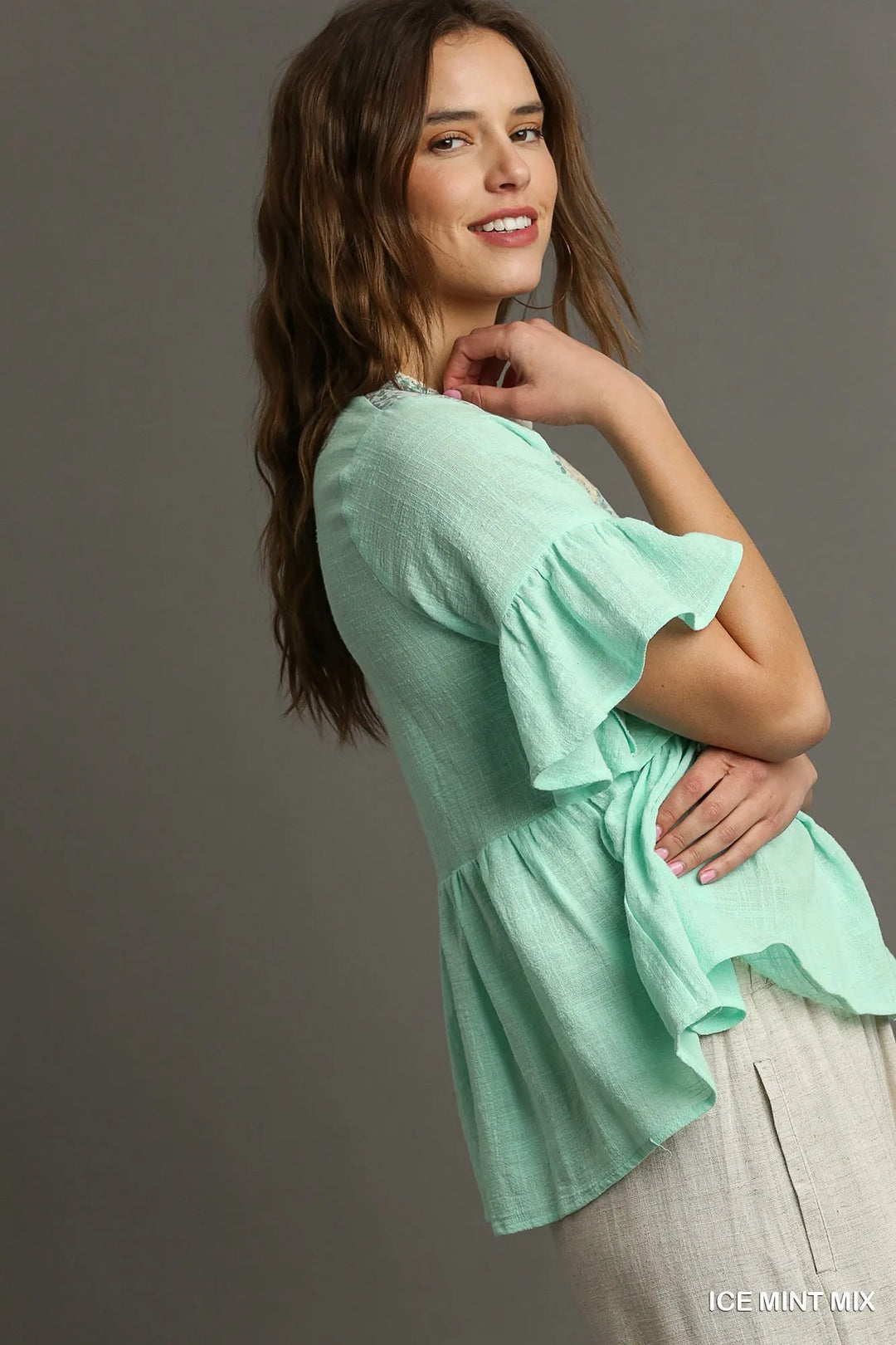 Umgee Floral Lace Trimmed Detail Half Sleeve Babydoll Top Tops