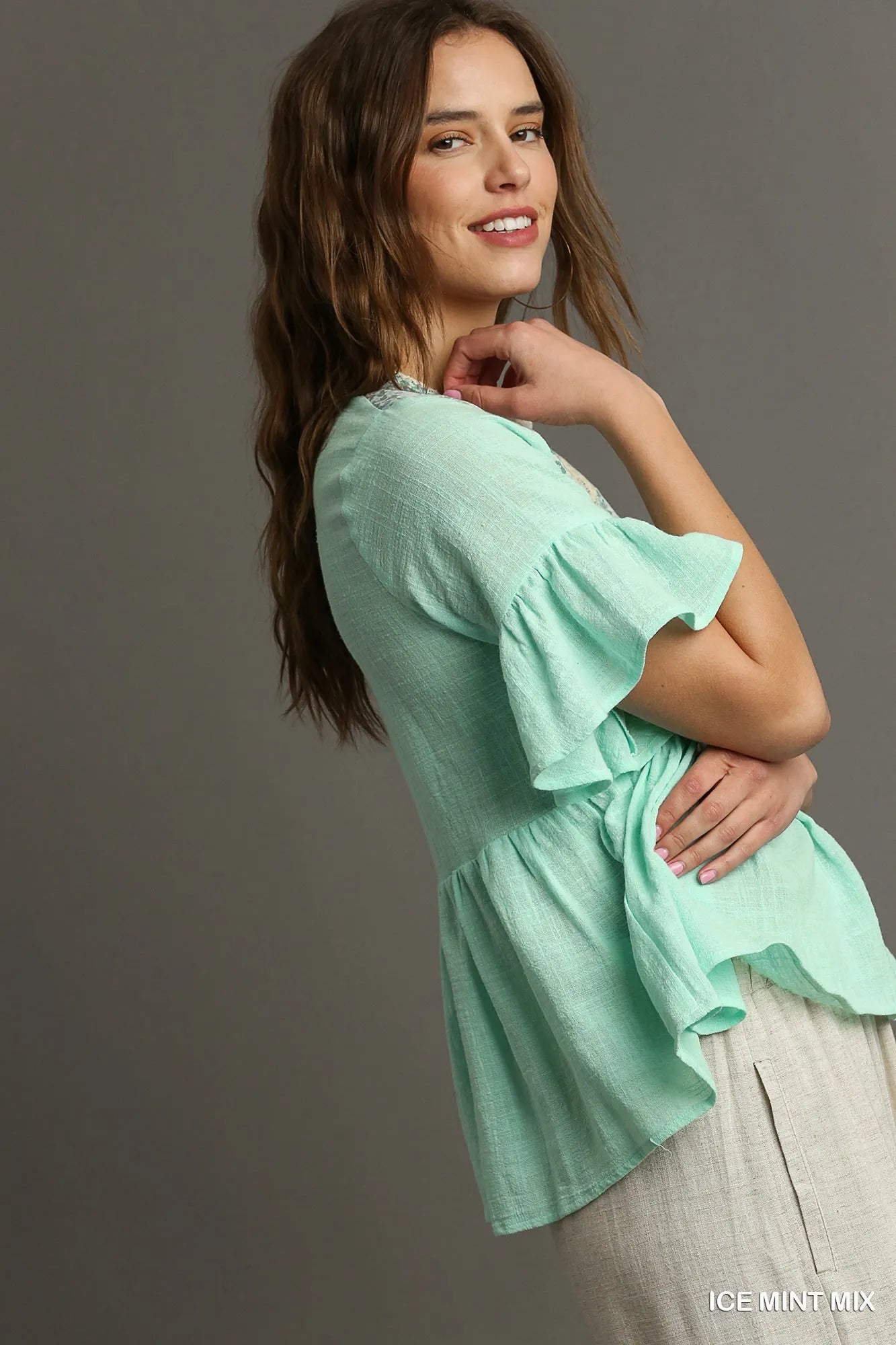 Umgee Floral Lace Trimmed Detail Half Sleeve Babydoll Top Tops