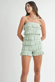 MABLE Pointelle Knit Fabric Ruffled Tube Romper | Rompers Daverri Fashions