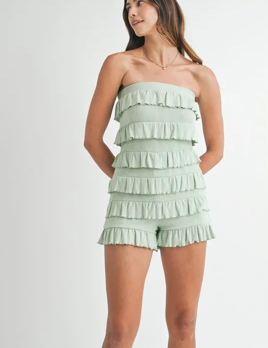 MABLE Pointelle Knit Fabric Ruffled Tube Romper | Rompers Daverri Fashions