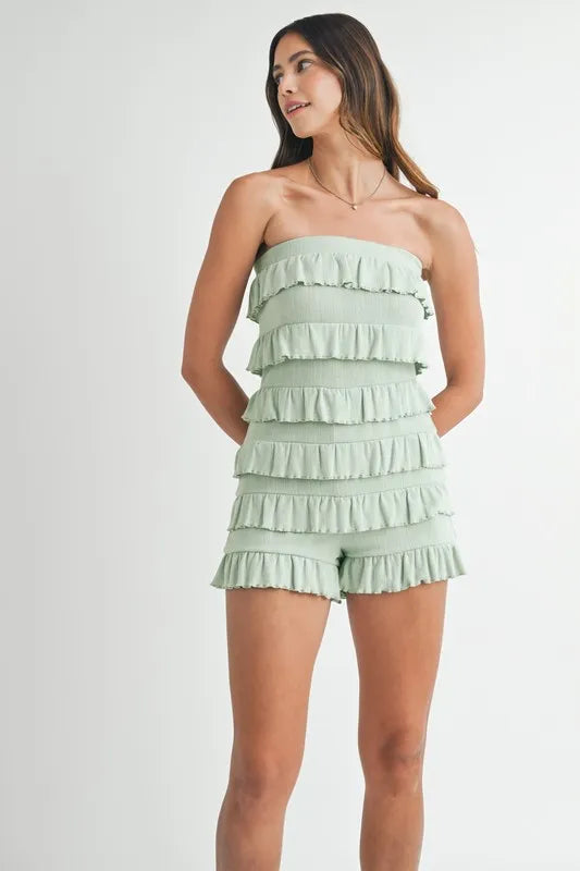 MABLE Pointelle Knit Fabric Ruffled Tube Romper Rompers