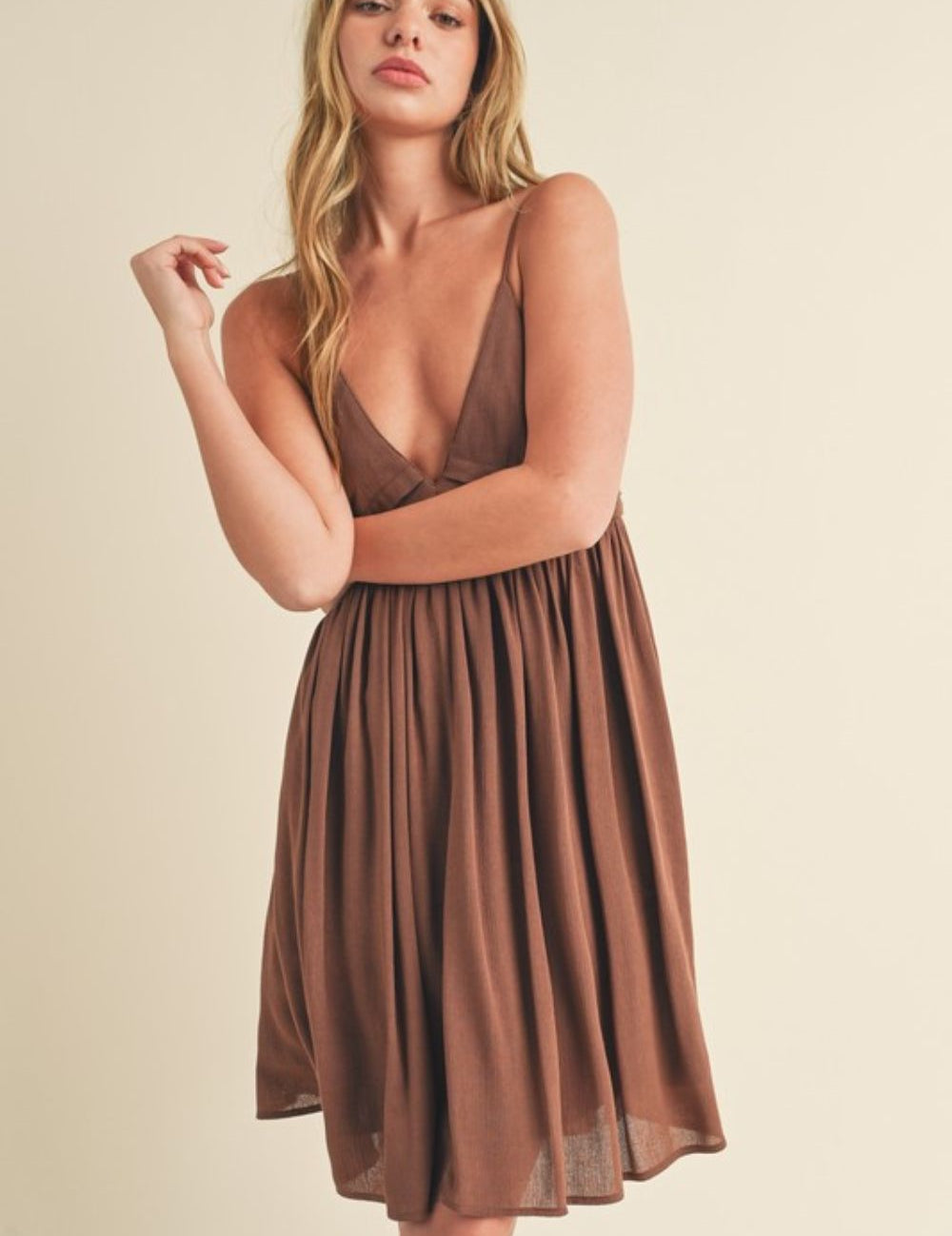 Aemi + Co Ruched Plunge Mini Cami Dress Brown