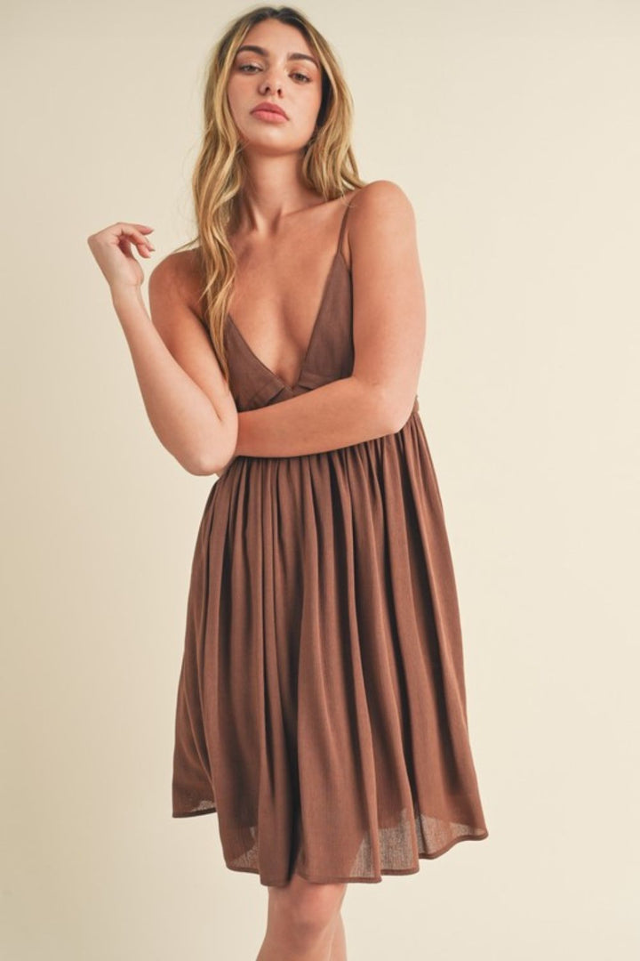 Aemi + Co Ruched Plunge Mini Cami Dress Brown