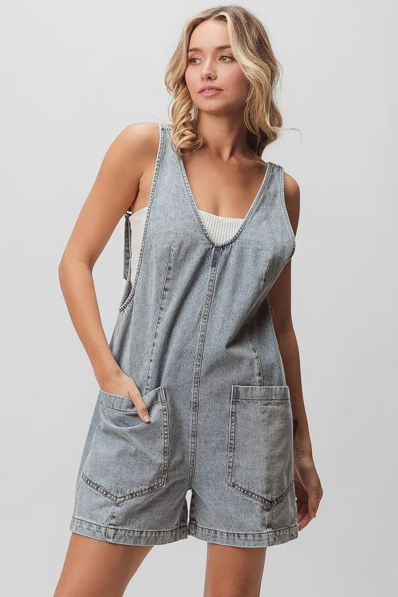 BiBi Patch vintage washed denim shortall with relaxed fit and front pockets