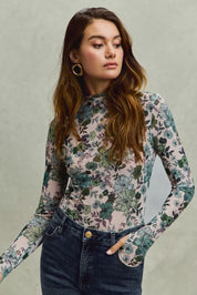 SO ME floral print mesh knit long-sleeve bodysuit with high neckline and button-down front