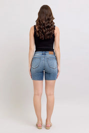 Judy Blue Button Fly Mid Length Denim Shorts W/ Destroy | Shorts Daverri Fashions