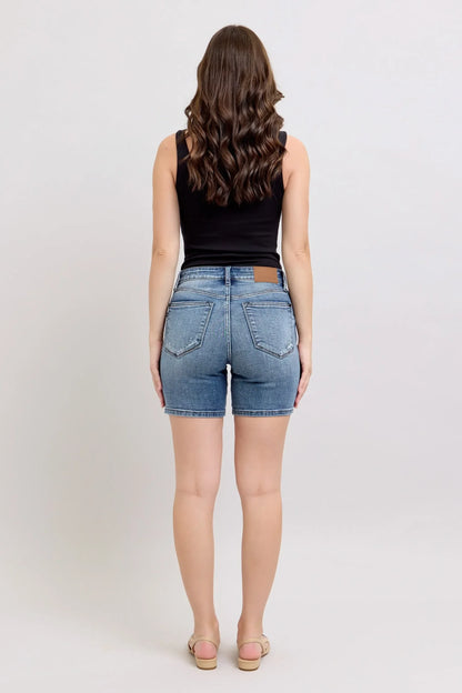 Judy Blue Button Fly Mid Length Denim Shorts W/ Destroy - DAVERRI FASHIONS