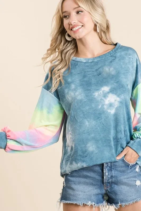 BiBi Tie Dye French Terry Long-Sleeve Top with Frayed Hem