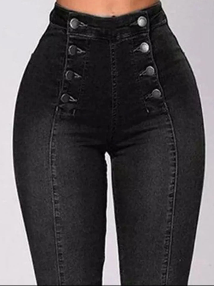 Full Size High-Waisted Double-Breasted Skinny Jeans Plus Size | Jeans Daverri Fashions