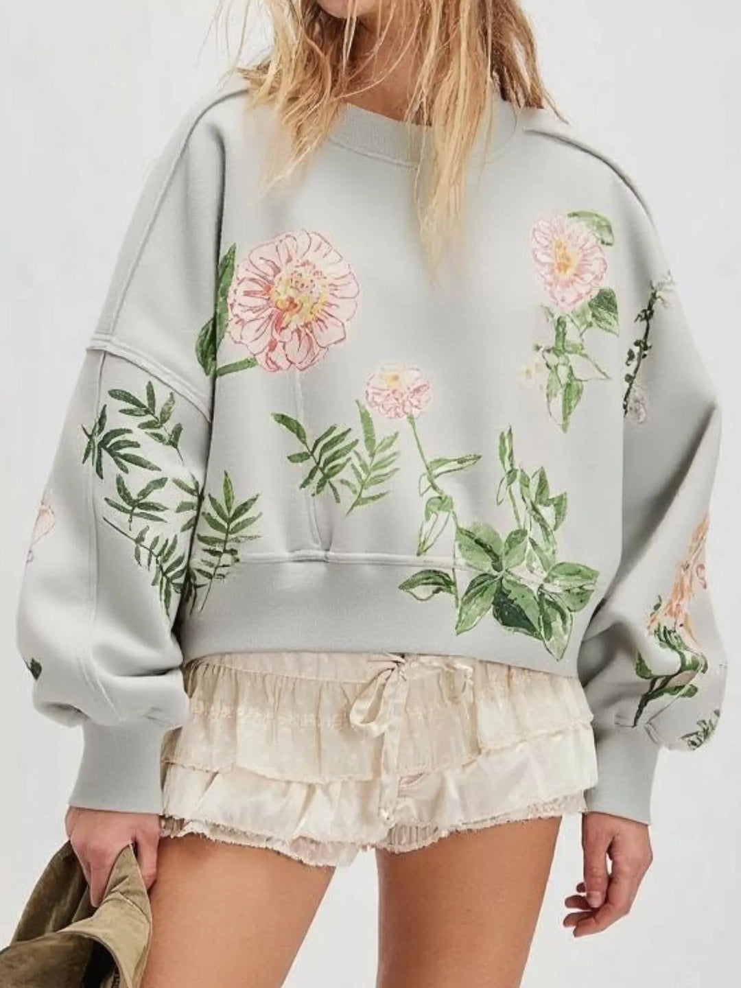 Floral Printed Round Neck Dropped Shoulder Sweatshirt | Sweatshirts Daverri Fashions