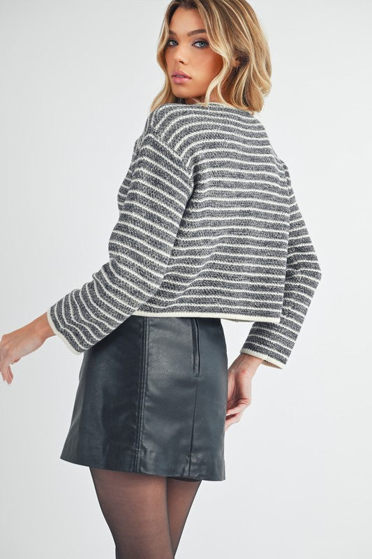 Aemi + Co Striped Button Down Round Neck Cardigan