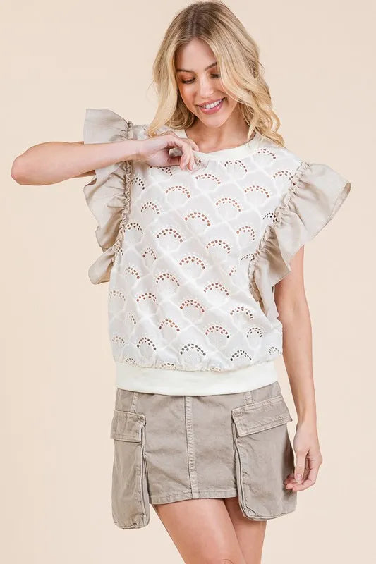 Lime 'N' Chili Ruffle Cap Sleeve Embroidered Eyelet Blouse