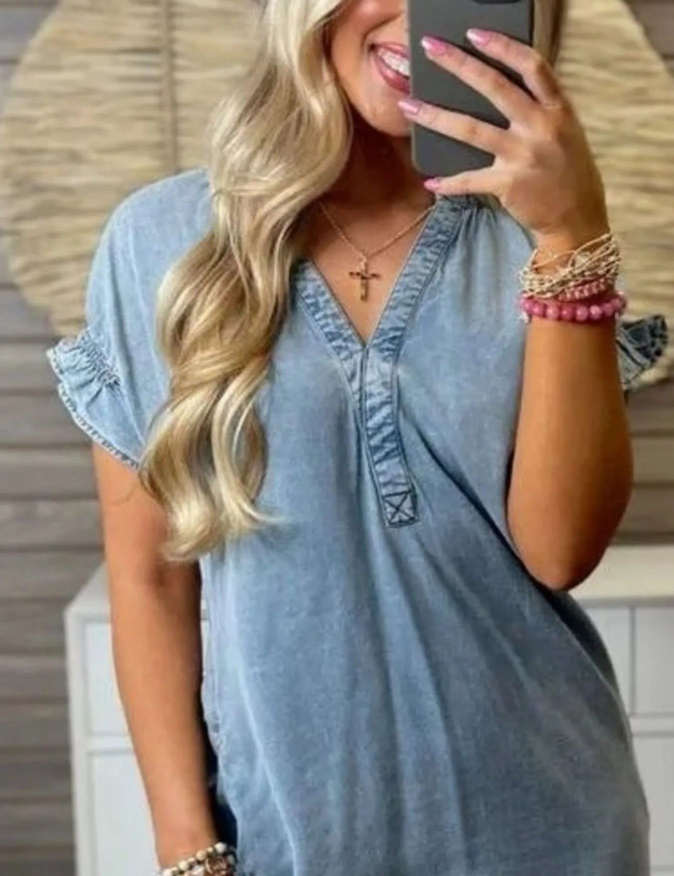 Full Size V-Neck Short Sleeve Denim Dress Plus Size | Daverri Fashions