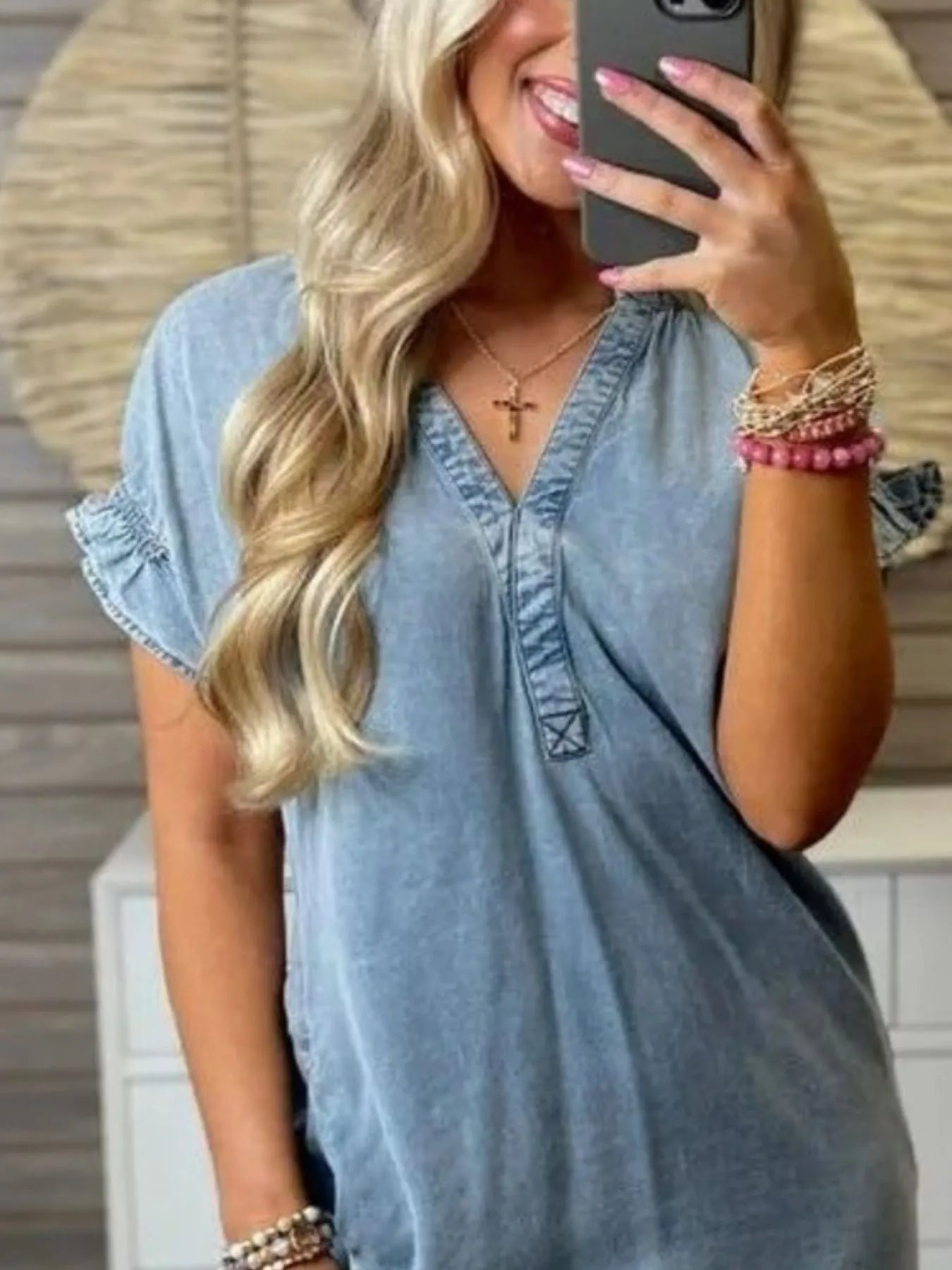 Full Size V-Neck Short Sleeve Denim Dress Plus Size | Daverri Fashions
