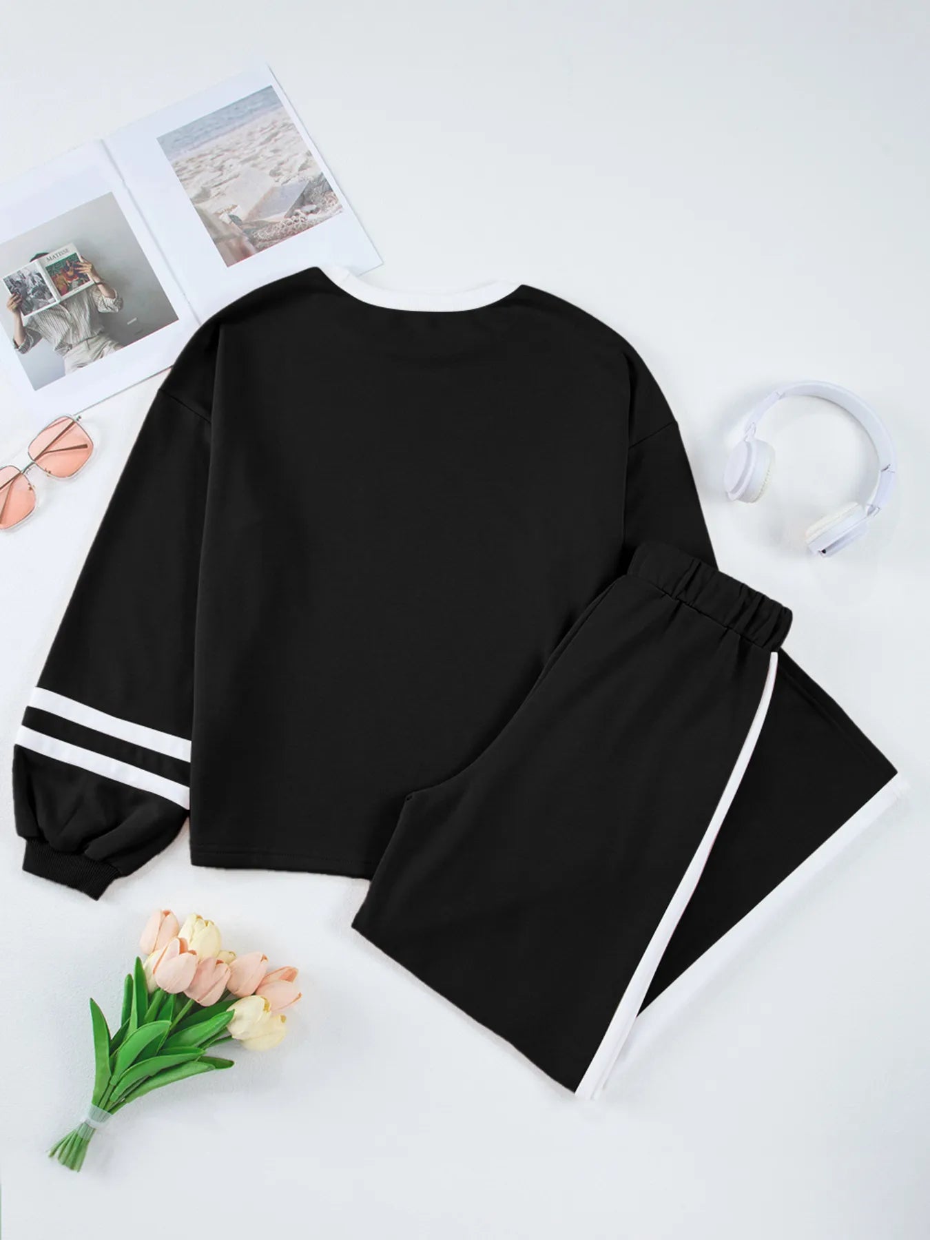 Daverri Fashions black white striped track pants balloon sleeve top set