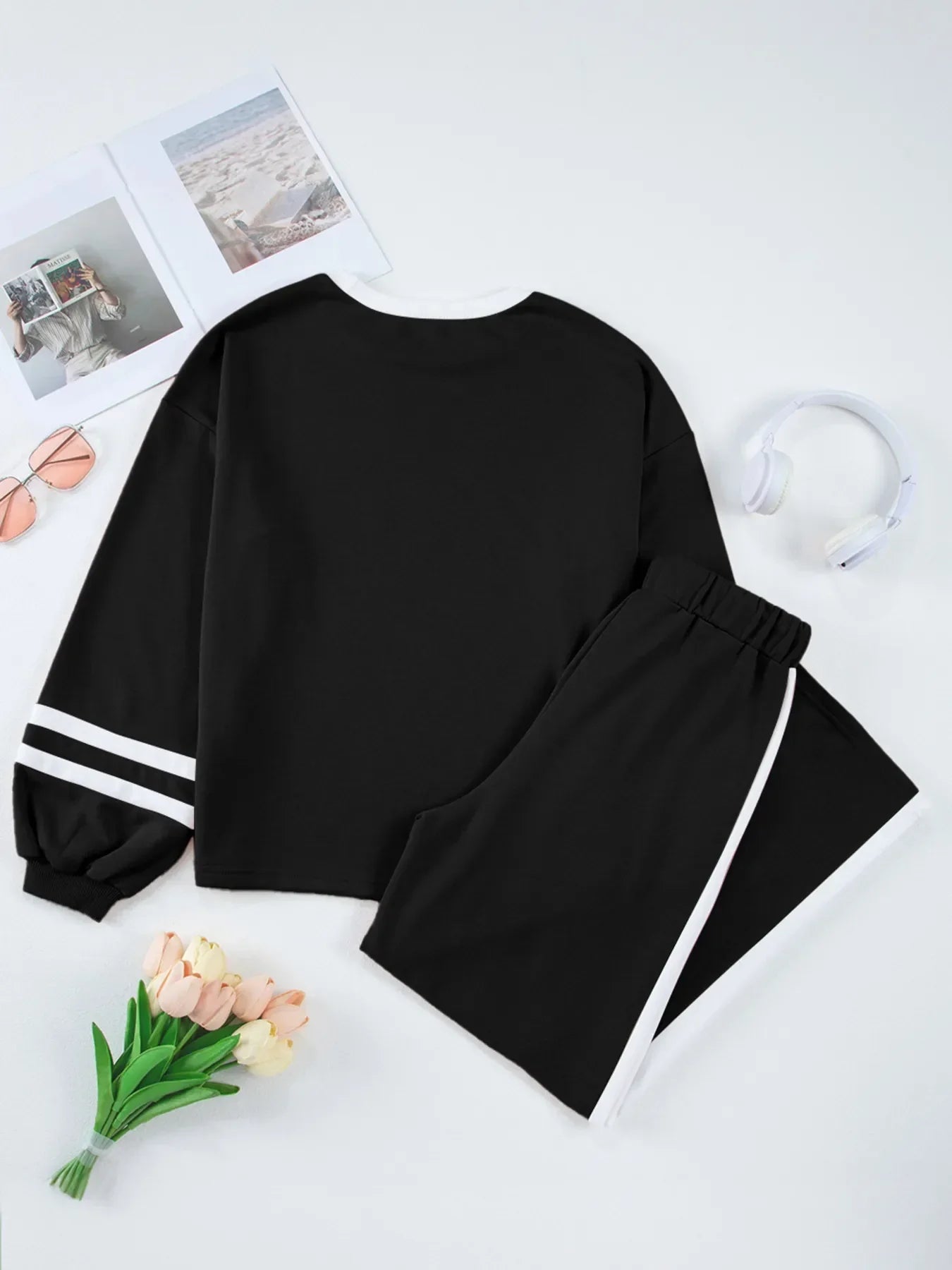 Daverri Fashions black white striped track pants balloon sleeve top set