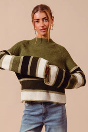 OLIVE COMBO SO ME Multi Color Striped Mock Neck Sweater | Sweaters Daverri Fashions