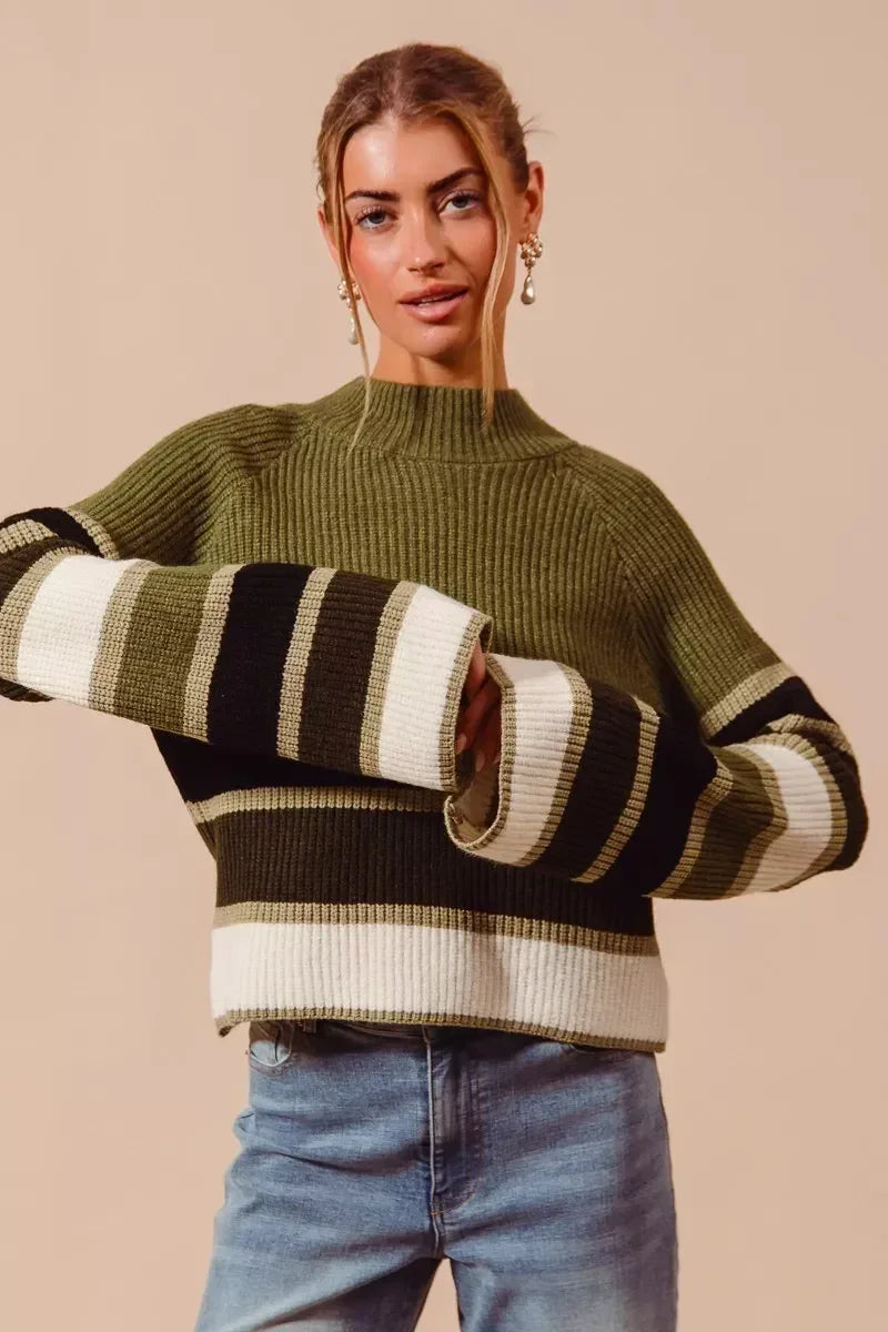 SO ME Multi Color Striped Mock Neck Sweater - DAVERRI FASHIONS