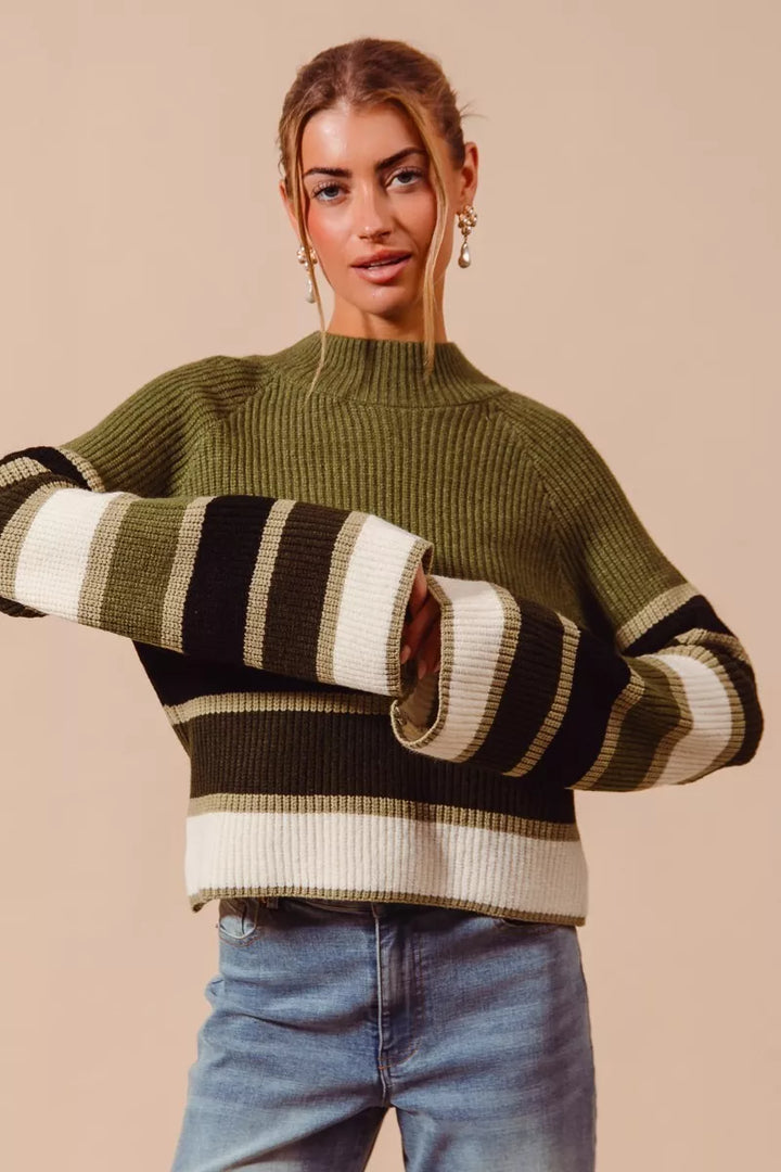OLIVE COMBO SO ME Multi Color Striped Mock Neck Sweater | Sweaters Daverri Fashions