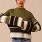 SO ME olive green cream striped ribbed mock neck sweater