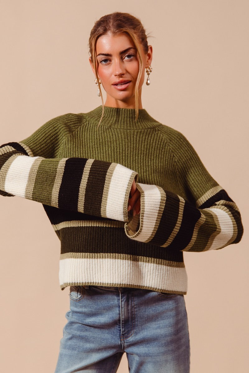 SO ME olive green cream striped ribbed mock neck sweater