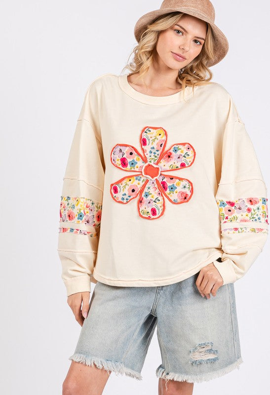 SAGE + FIG Daisy Patch Applique Long Sleeve Sweatshirt Cream Sweatshirts