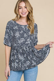 Black BOMBOM Floral Round Neck Peplum Blouse | Daverri Fashions