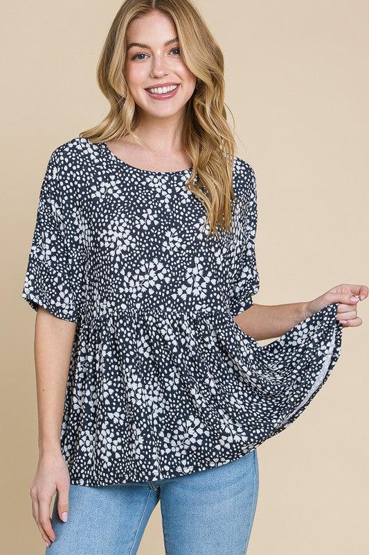 BOMBOM Floral Round Neck Peplum Blouse Black