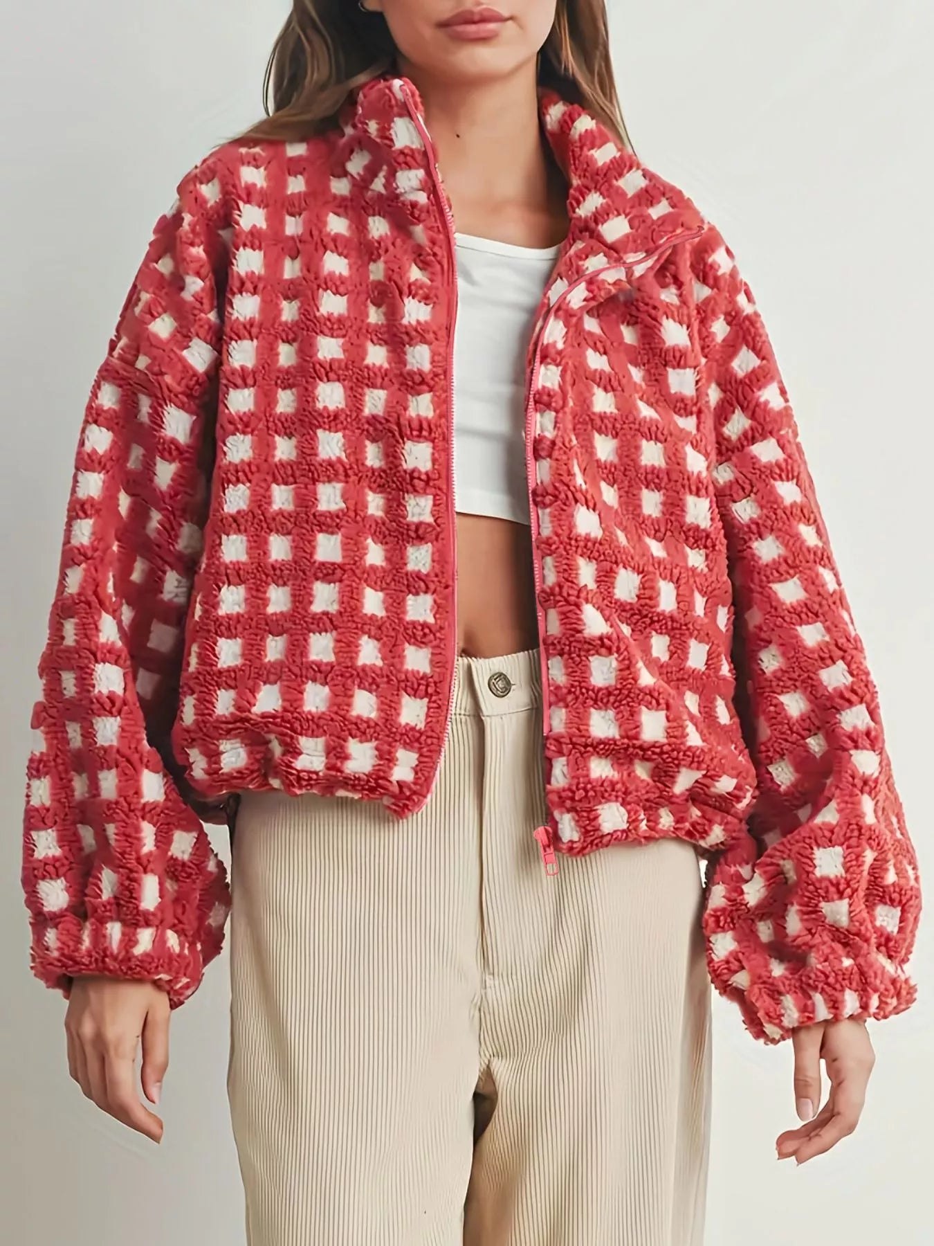 Daverri plaid zip-up sherpa jacket in red and white checkered fleece