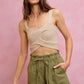 Beige crocheted crop top with twisted front on SO ME twill shorts