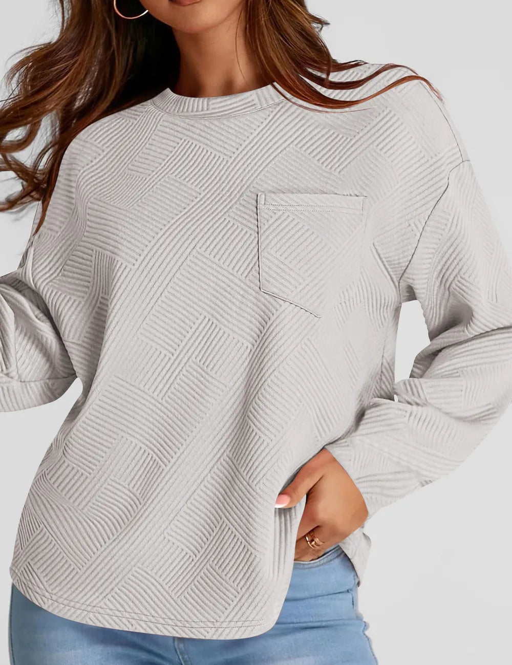 Light Gray Full Size Texture Round Neck Long Sleeve Sweatshirt | Sweatshirts Daverri Fashions