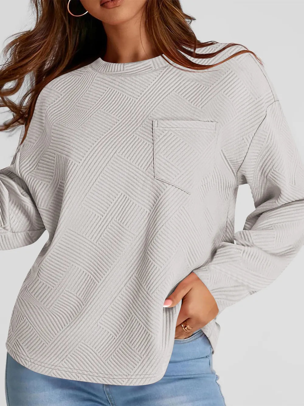 Light Gray Full Size Texture Round Neck Long Sleeve Sweatshirt | Sweatshirts Daverri Fashions