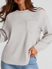 Light Gray Full Size Texture Round Neck Long Sleeve Sweatshirt | Sweatshirts Daverri Fashions